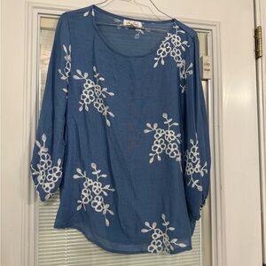 Eileen Fisher Blue Floral Embroidered Scoop Neck Tunic